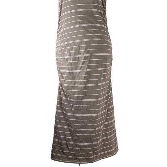 Athleta Sleeveless Maxi Dress S Grey White Striped Ruched Sides Lined Stretch - Picture 2 of 4